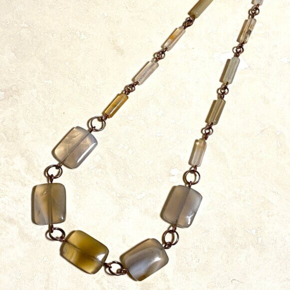 Geometric Earthy Agate Necklace, Rustic Genuine Gemstone Copper Link Necklace - Picture 1 of 12